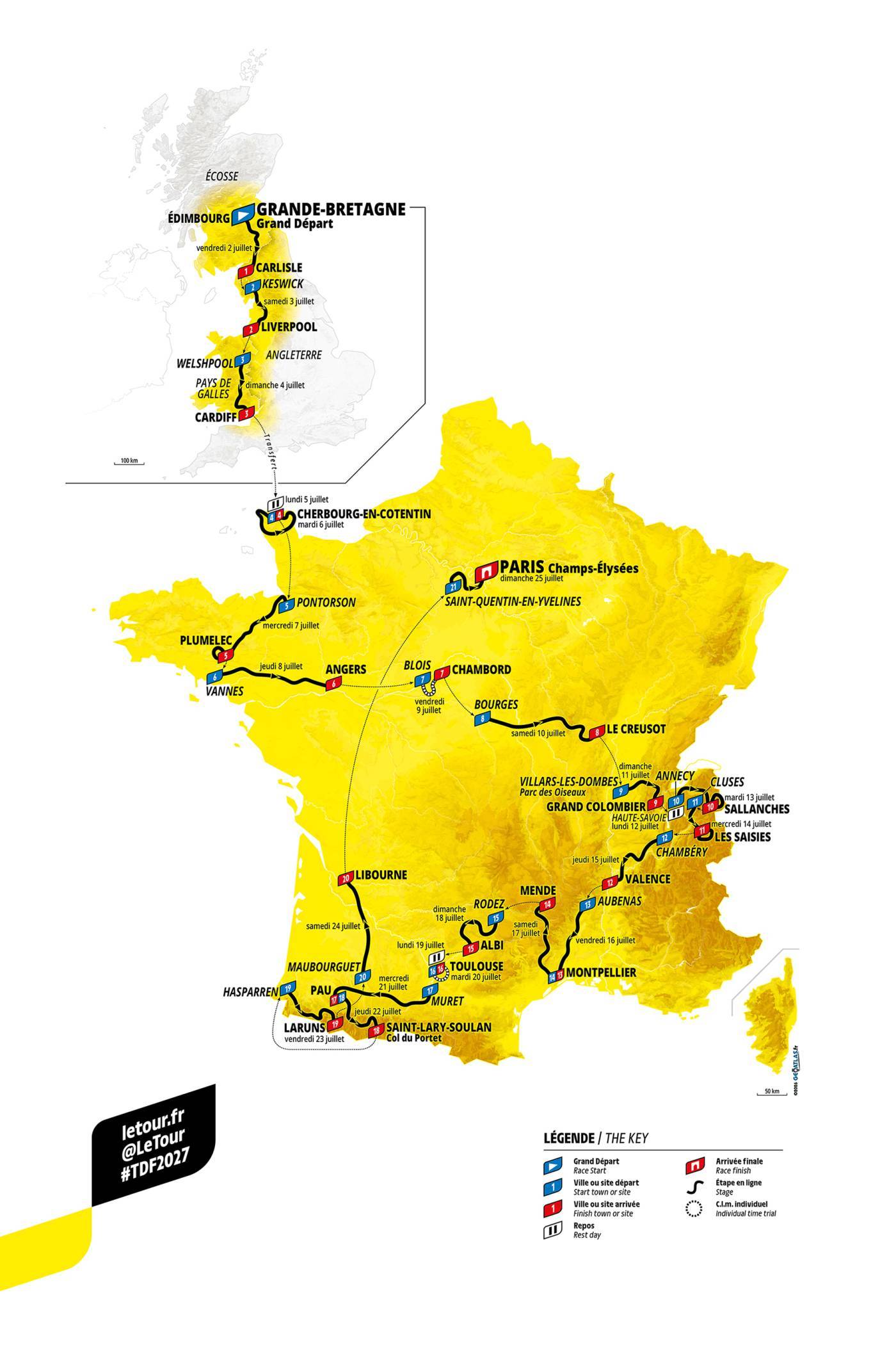 Carte officielle du Tour de France 2027, d’Édimbourg à Paris avec passage à Montpellier
